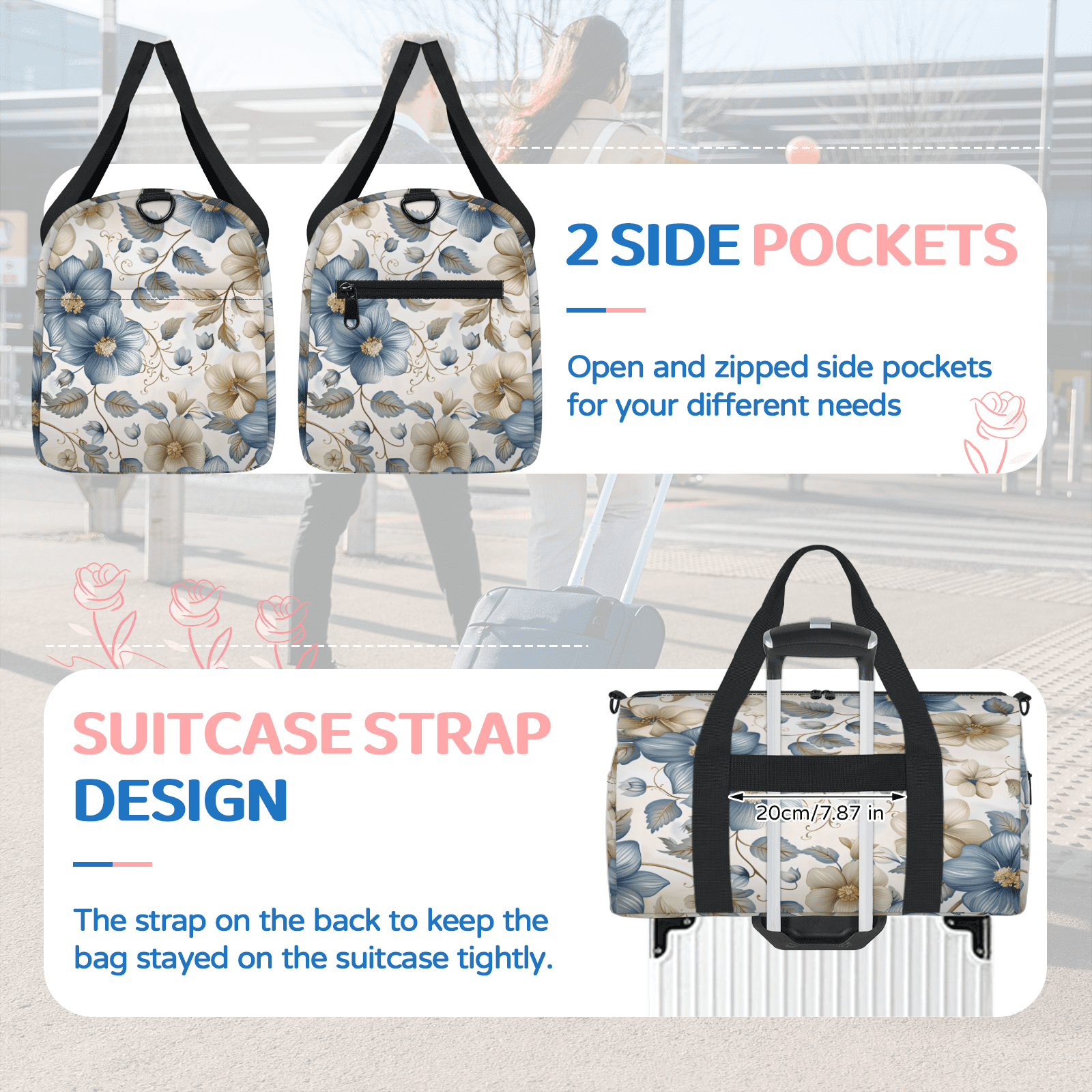 Herdesigns Boho Floral Gym Bag for Women, Duffle Bag for Travel Sport, Beige Blue Grey White Flower Lightweight Waterproof Carry on Weekender Dance Yoga Workout Bags