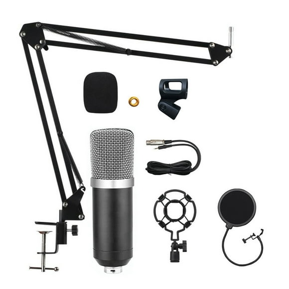 Studio Recording Condenser Microphone Kit with Shock Mount + Flexible Scissor Arm Stand + Pop Filter + Windscreen + Connection Cable for Network Broadcasting Online Singing