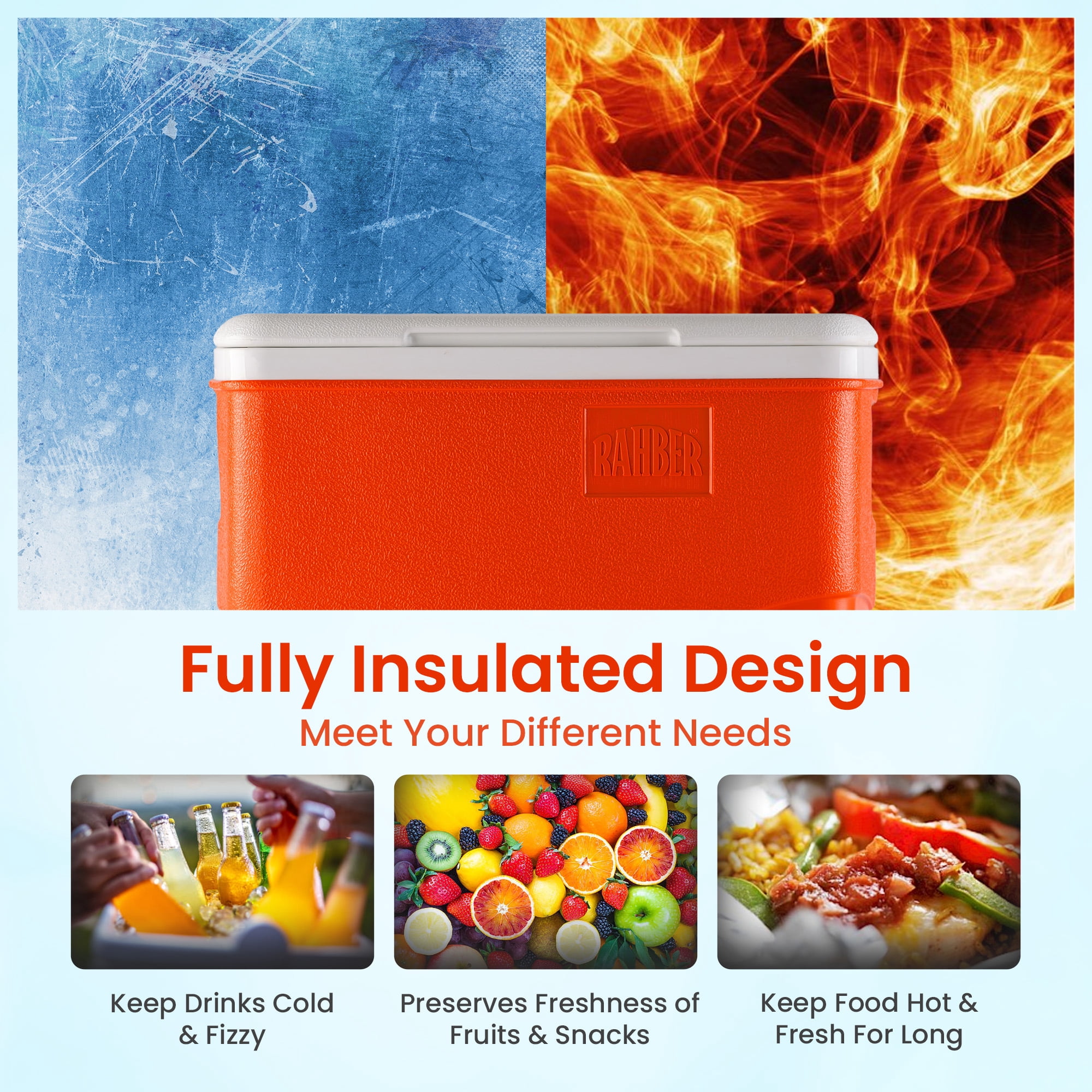 Rahber 31.7 Qt Ice Cooler Insulated Ice Chest Box, Hard Sided Portable with Retractable Handle