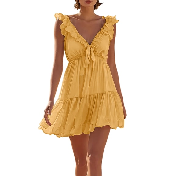 PRINxy Women's V Neck Loose Tiered Ruffle Short Dress Petal Sleeve Cotton Linen Casual Dress for Summer Beach Vacation Daily Errands Yellow S