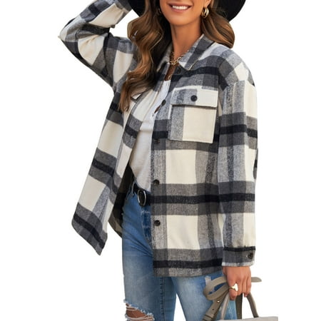 Astylish Shirt Jacket for Women Shackets Button Down Jackets Long Sleeve Fall Winter Coat with Chest Pocket US 12-14