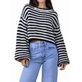 thumbnail image 2 of Women'S Vintage Striped Sweater Crew Neck Long Sleeve Cropped Color Block Casual Loose Knit Pullover Top Black L, 2 of 9