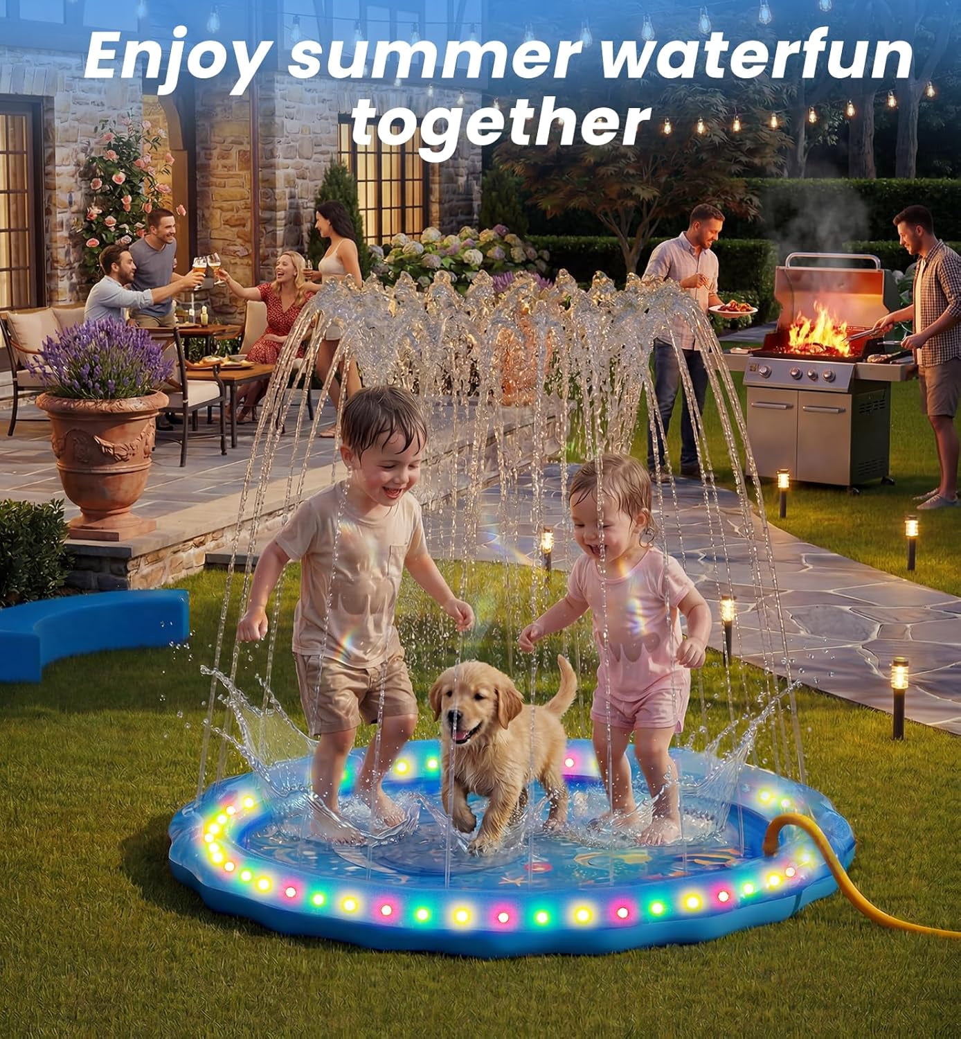 LED Glowing Splash Pad Sprinkler for Kids & Dogs, 60" Non-Slip Outdoor Water Toys Toddler Sprinkler Pool Splash Pad/Play Mat,LED Light Boys Girls Yard Sprinkler Pool for Age 3 4 5 6 7 8 9