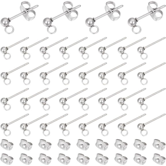 1 box 304 Stainless Steel Stud Earring Findings with Loop and Eae Nut Earring Posts Round Stainless Steel color 14x3mm Hole: 2mm