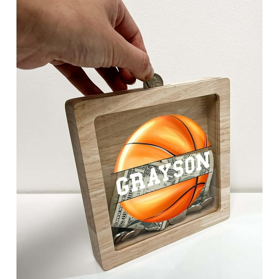 Custom Name Free Personalized Savings Piggy Bank Money Box Basketball Sports Player Team Fan School Boys Gift Basketball Room Themed Decor Ideal Teach Savings in Style! Made in America