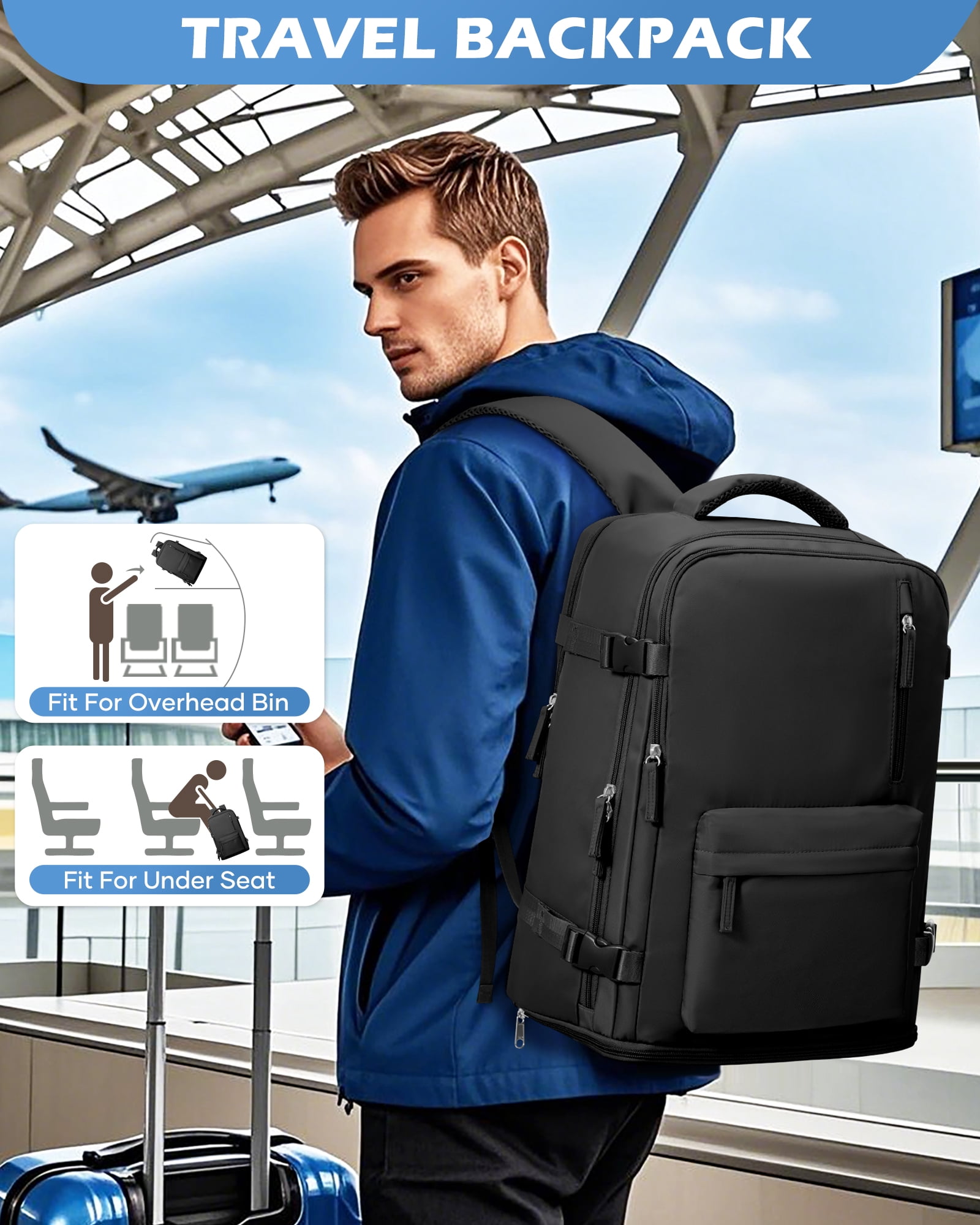 Large Travel backpacks for Adults, Flight Personal Carry on Backpack for Women Men, Approved Airlines Back Pack Carry-ons Mochilas de Viaje, Waterproof Luggage Laptop Backpack Black