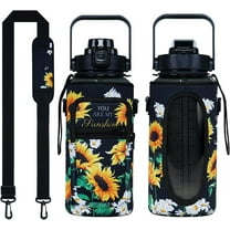 Sunflower Half Gallon Water Bottle with Sleeve - Flip Top Bpa Free 64 OZ Water Bottle - You are my sunshine Water Jug - Motivational Gym Water Bottle for Sunflower Gifts for Women