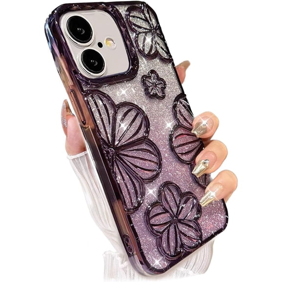 for iPhone 16 Plus Case with Bling 3D Floral Pattern, Girly Woman Cute Soft TPU Plated Silicone Gradient Glitter Sparkly Case Shockproof Protective Cover for iPhone 16 Plus 6.7" (Purple)