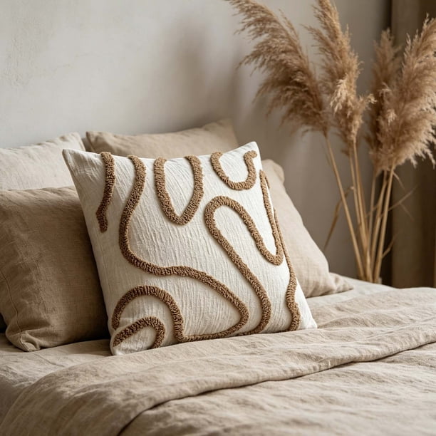 Minimalists Line Embroidered Pillow Cover Black Khaki Beige 17.71x17.71 Inches Soft Cottons Decorative Cushion Case For Living Room Bedroom Sofa