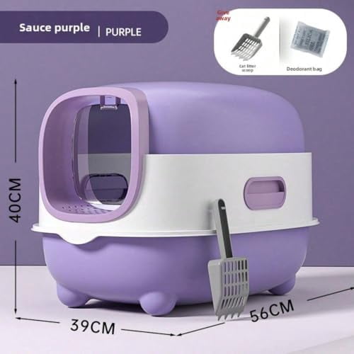 Enclosed Cats Litter Box with Lid and Scoop, Front Entry and Exit Large Size Anti-Splashing, Purple