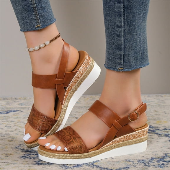 CQONEPT Womens Sandals Wedge Low: Summer Open Toe Wedges - Dressy Casual Elastic Ankle Strap Platform - Comfortable Rhinestone Flower Sandals Size 7 Brown