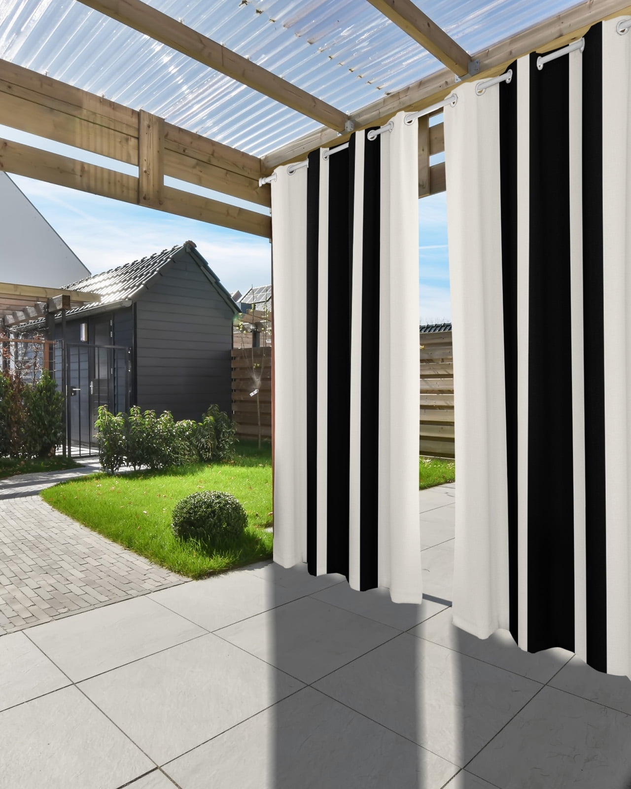 Outdoor Curtains for Patio, Farm Rural Theme Black Stripes Waterproof Blackout Outside Curtain for Porch/Pergola/Gazebo, Thermal Insulated Drapes for Cabana, 2 Panels, 54 x 108 Inch