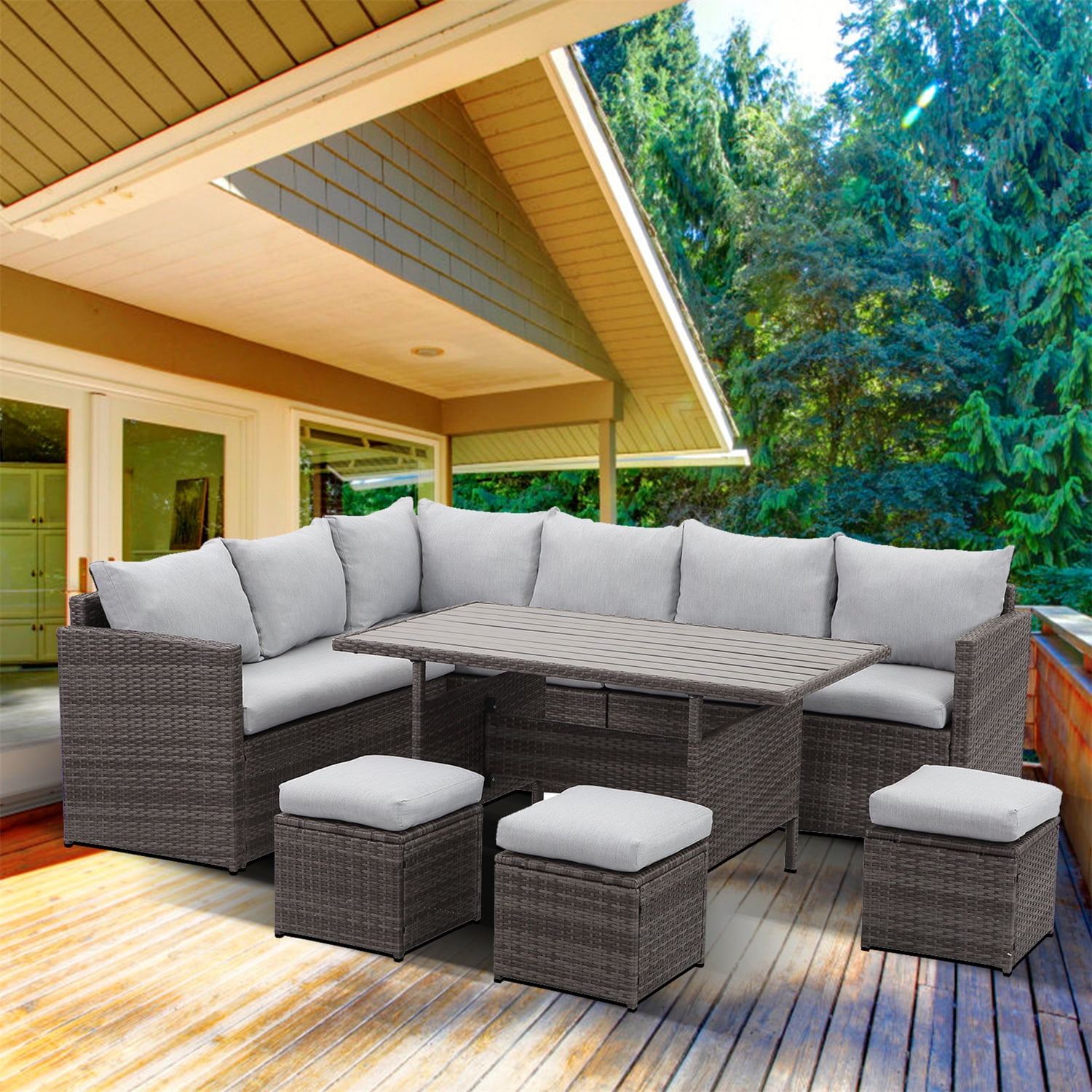 CozyHom 7 Pcs Outdoor Patio Sectional Dining Table Furniture Sofa Sets All Weather PE Wicker Rattan Conversation Set With Ottoman and Cushions Gray Walmart