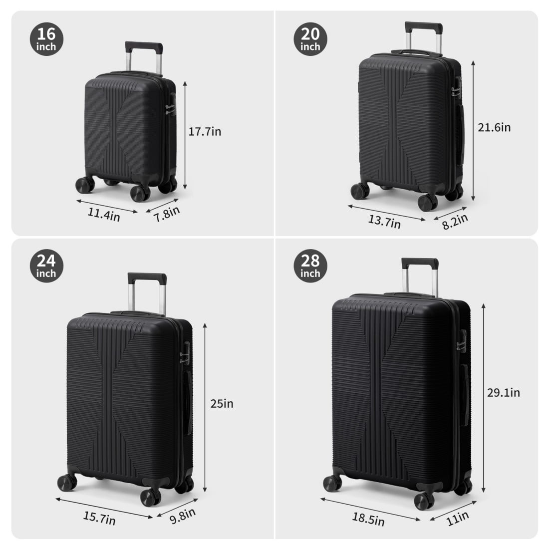 IVV 4 Piece Luggage Sets for Travel, Hardshell Suitcase with Spinner Wheels (16/20/24/28 Inch), Lightweight Carry On & Checked Luggage for Family Vacation (Black)