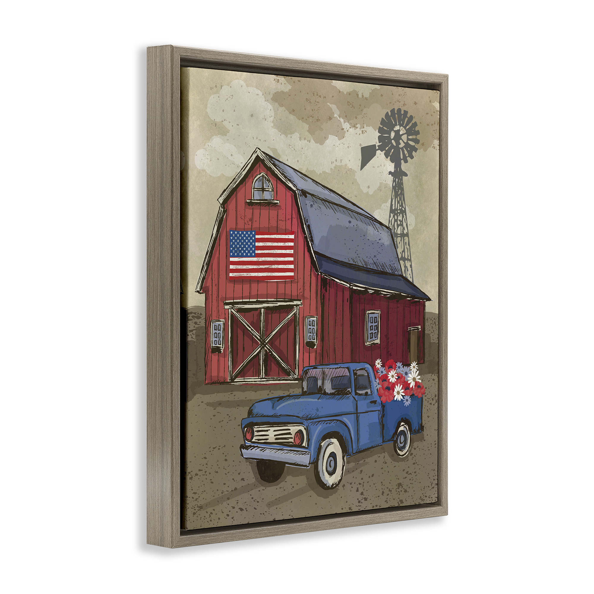 Stupell Industries Vintage Americana Barn Patriotic Painting Brown Floater Framed Canvas Art Print Wall Art, 17 x 21