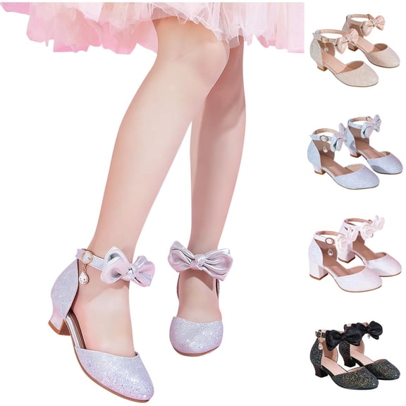 Mgmyaa Girls Dressy Heels with Glitter and Bow Buckle Pointy Toe Slip-Resistant Adjustable Straps Block Low Heel for Kids Ages 5-13.5