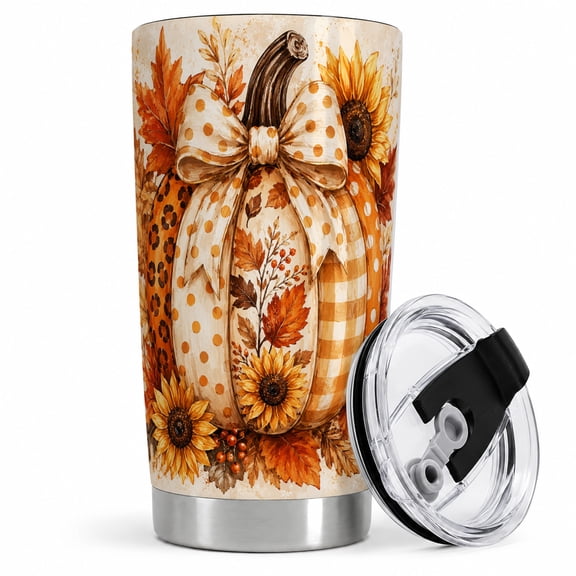 Autumn Sunflower Pumpkin Tumbler, 20oz Insulated Drinkware for Fall Lovers Stainless steel insulated tumbler with lid, sunflower pumpkin and fall leaf artwork for water, tea, commute, or office