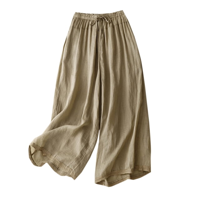 AherBiu Women's High Waisted Wide Leg Cropped Pants, Drawstring Cotton Linen Summer Trousers, 2X-Large