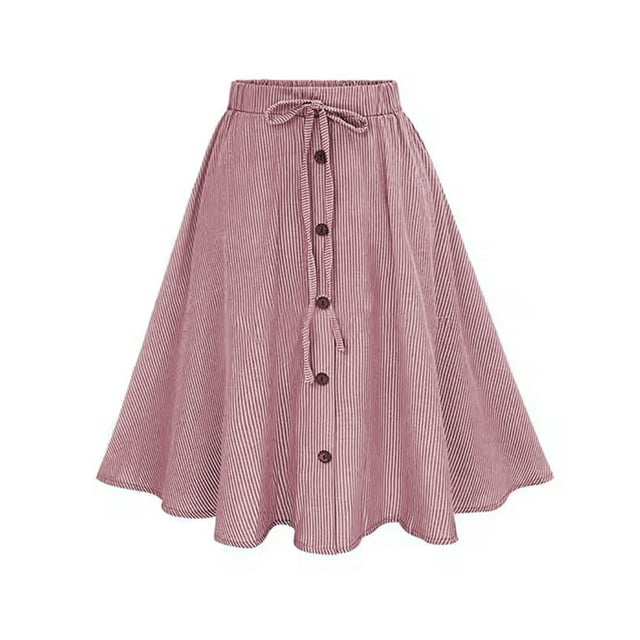 Besolor Summer Midi Skirt for Women Striped Elastic Waist Drawstring Button Front A-Line Flowy Beach Vacation Skirts