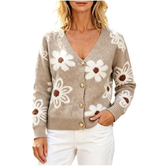 Enjoytime Womens Cardigan Floral Print V Neck Long Sleeve Button Down Knit Sweaters Tops Cozy Soft Loose Casual Cardigans