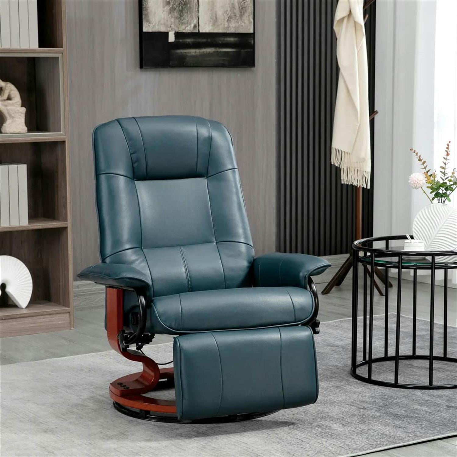 Demi Bonn 39" Faux Leather Swivel Recliner with Footrest, Armrest and Wooden Base for Living Room, Comfort High-Backed Sofa Chair, Blue