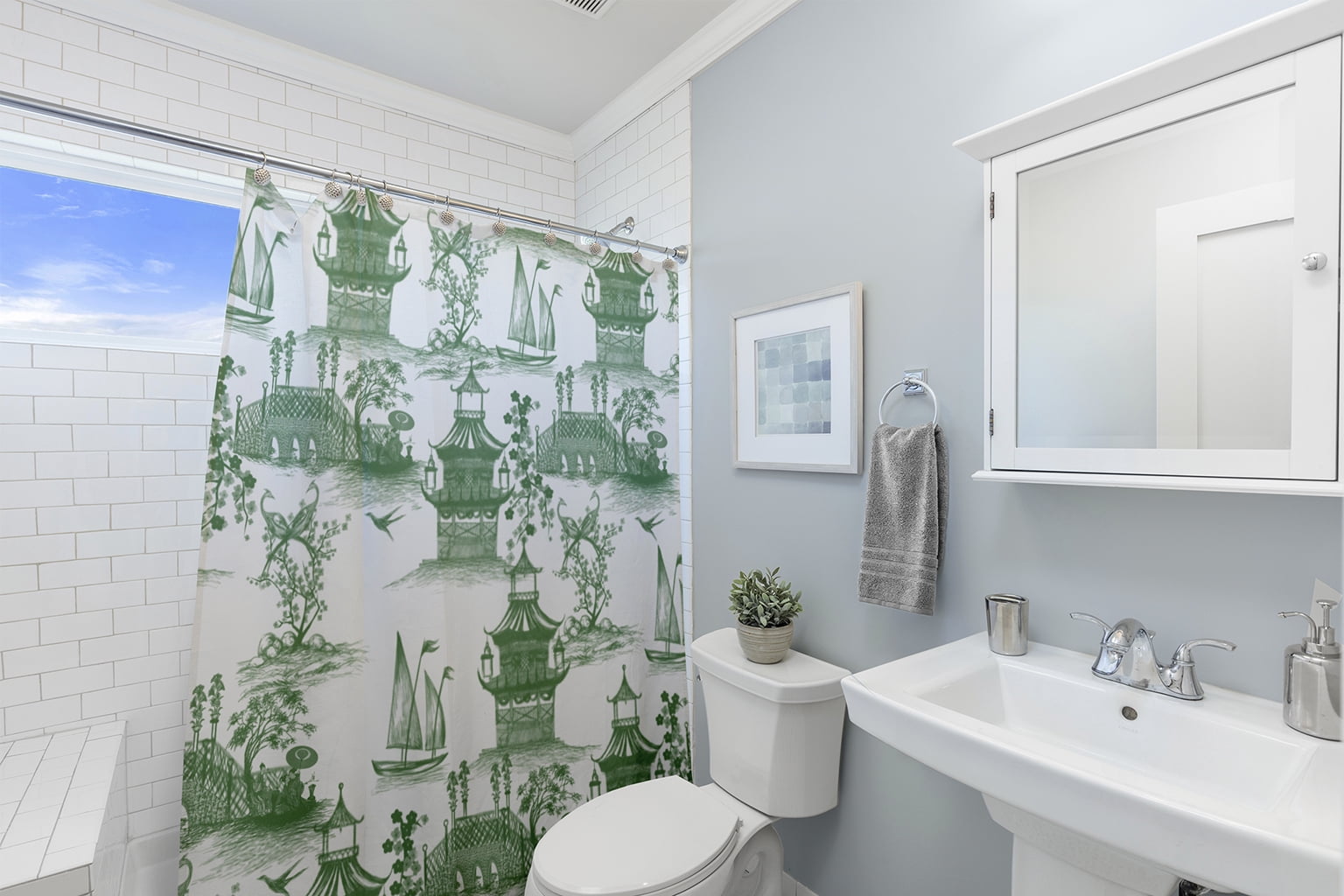 Simply Daisy 70" W x 73" L China Old Polyester Shower Curtain, Green [1 Ct]