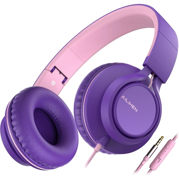 AIR-C8 (Upgraded) Headphones with Microphone and Volume Control Folding Lightweight 3.5mm Jack Headset for Cellphones Tablets Smartphones Laptop Computer PC Mp3/4 (Purple Pink)