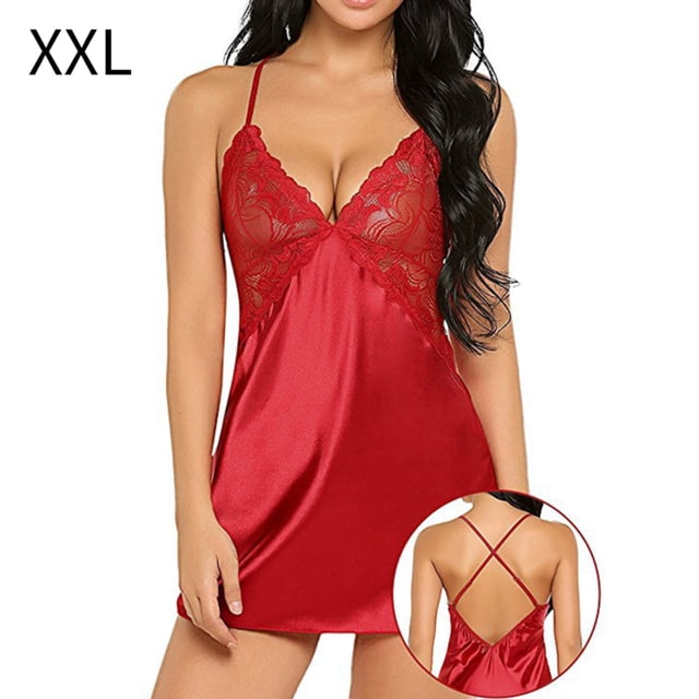pitrice Nuisette Aguichant en Dentelle à Col en V Profond, Robe de Nuit Dos Nu, Rouge, TTG