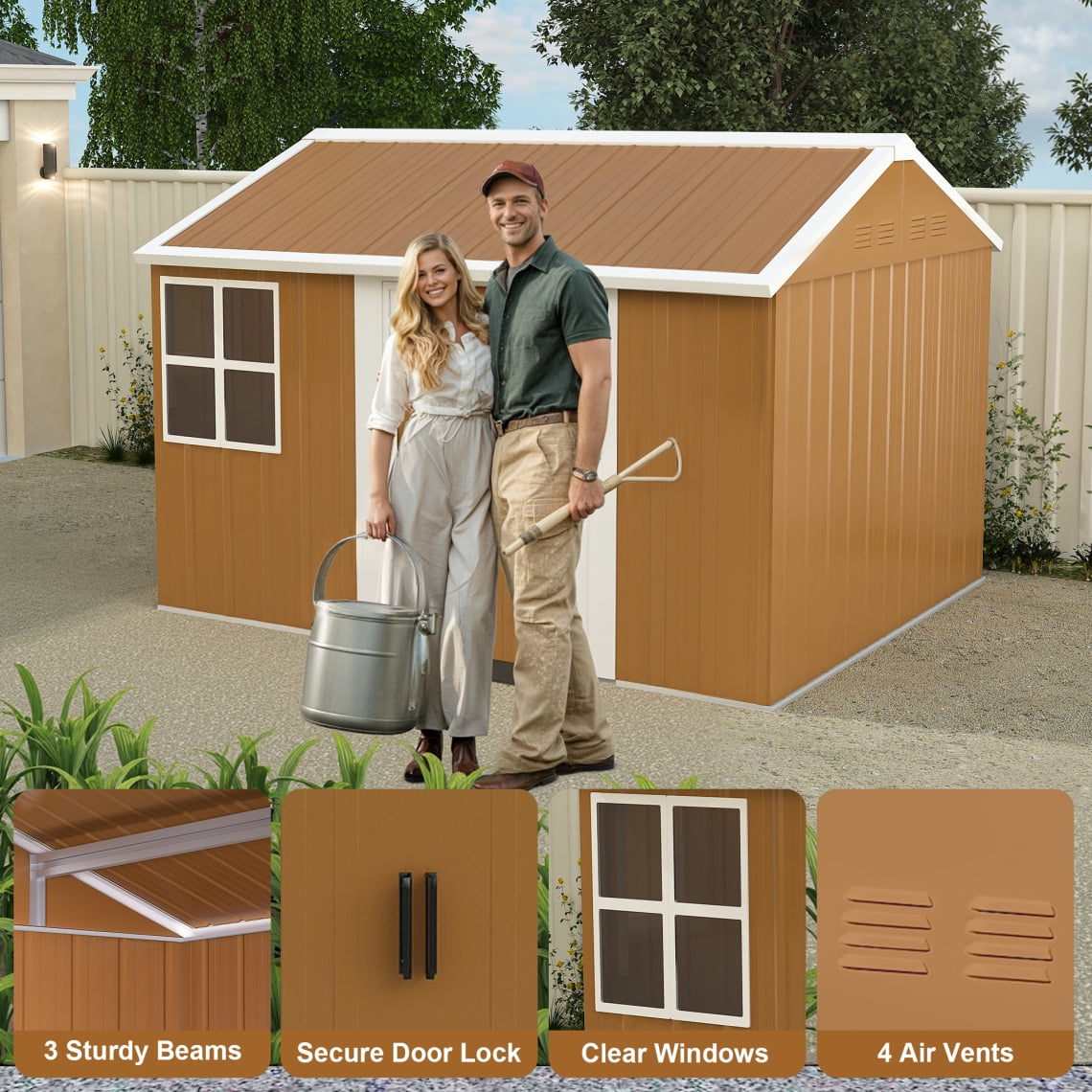 8X10 FT Outdoor Storage Shed, Metal Garden Tool Shed with Windows, Lockable Door & Ventilation, Weatherproof Bike Shed Pet Shelter for Backyard, Brown