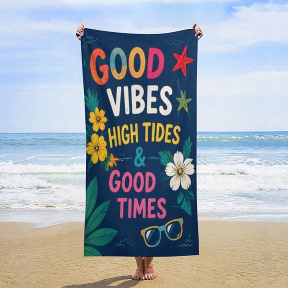 Good Vibes Good Times Beach Towel Oversized Absorbent Quick Dry for Adults, Tropical Summer Pool Travel Bath Towel with Vibrant Floral Design