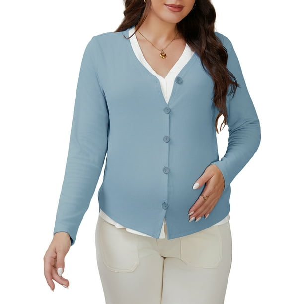 INSPIRE CHIC Camisas de Maternidad para Mujeres con Botones Abajo Ropa de Embarazo de Manga Larga V Cuello Tops de Lactancia Falsos de 2 Piezas XL Azul