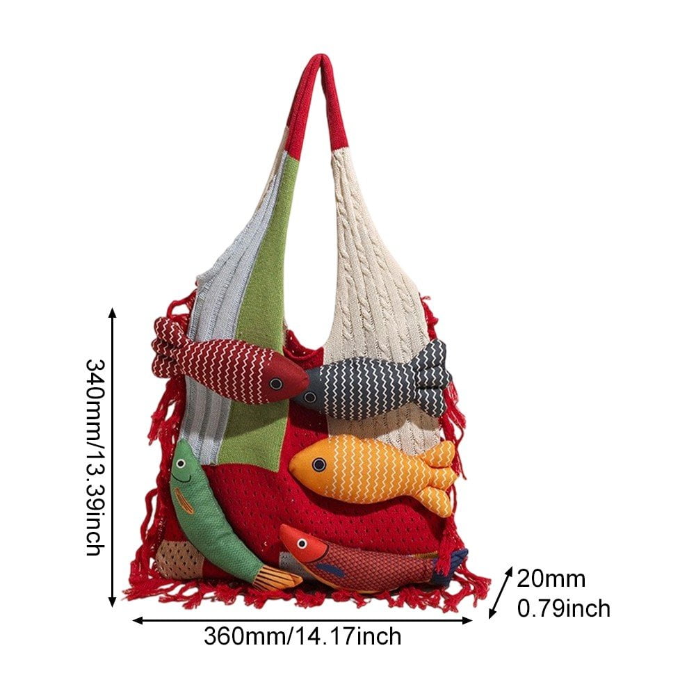 Jiibva Crochet Beach Shoulder Bag for Women Summer Tote handbags Shoulder Boho Bag with Handmade Fish for Summer Vacation
