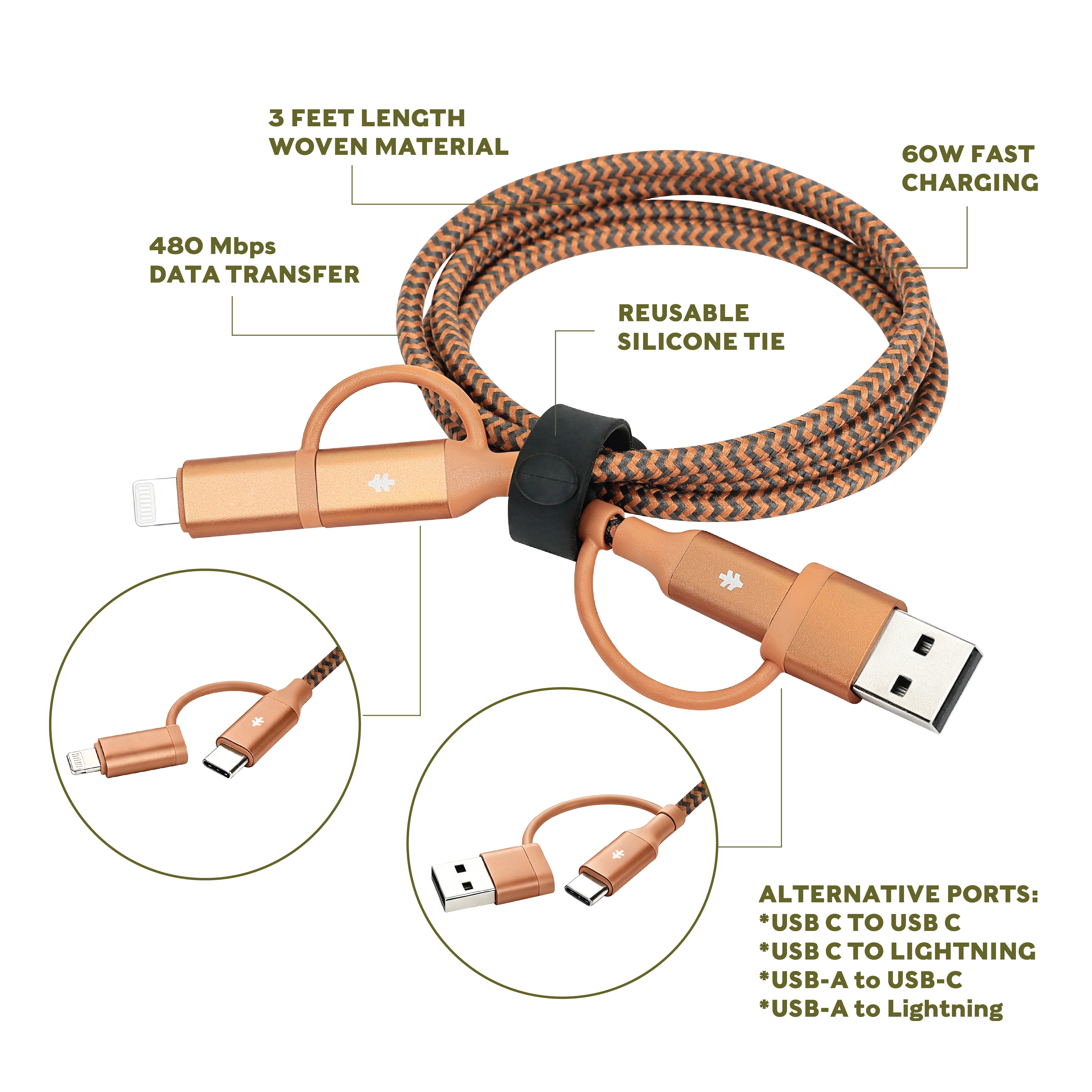 Swiss Tech Kabel T60 3 ft 60W 4-in-2 USB-C to USB-C/Lightning Charging Cable, Terra Orange