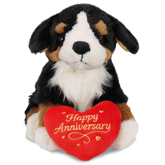 DolliBu Bernese Dog Stuffed Animal with Happy Anniversary Red Heart Plush - Soft and Cuddly Pet Animal Dog Plush Toy Gift for Couples or Friends - 8 Inches