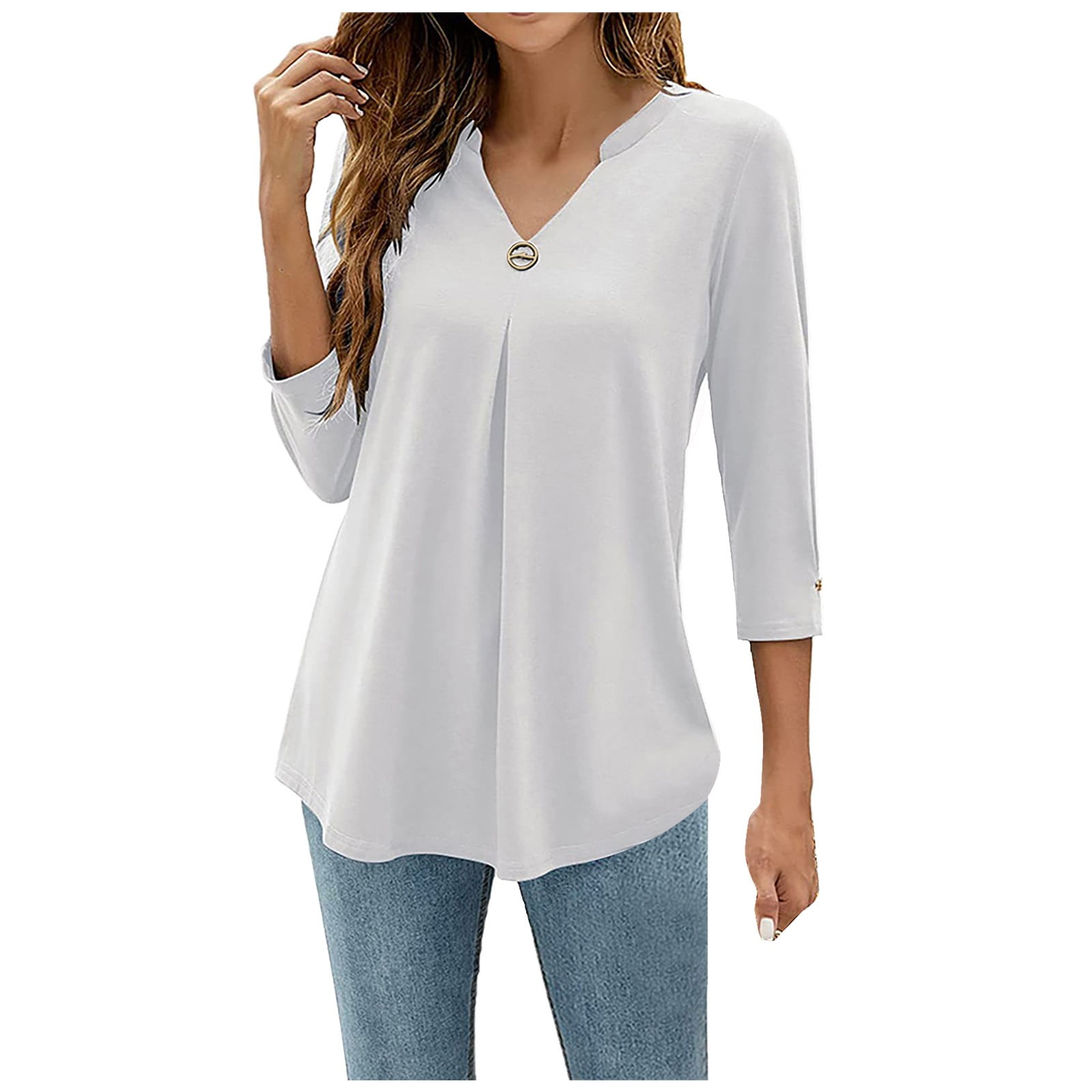 Sayhi Womens Summer Tops 2023 Print Casual Pullover Top Long Sleeve Loose  Shirts Ruffle Solid Button V Neck Blouses White XXL 