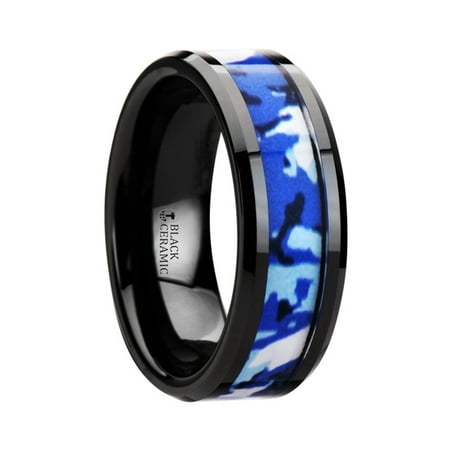 8 Mm Ceramic Ring - RECOIL Black Ceramic Ring with Blue and White Camouflage Inlay - 8mm