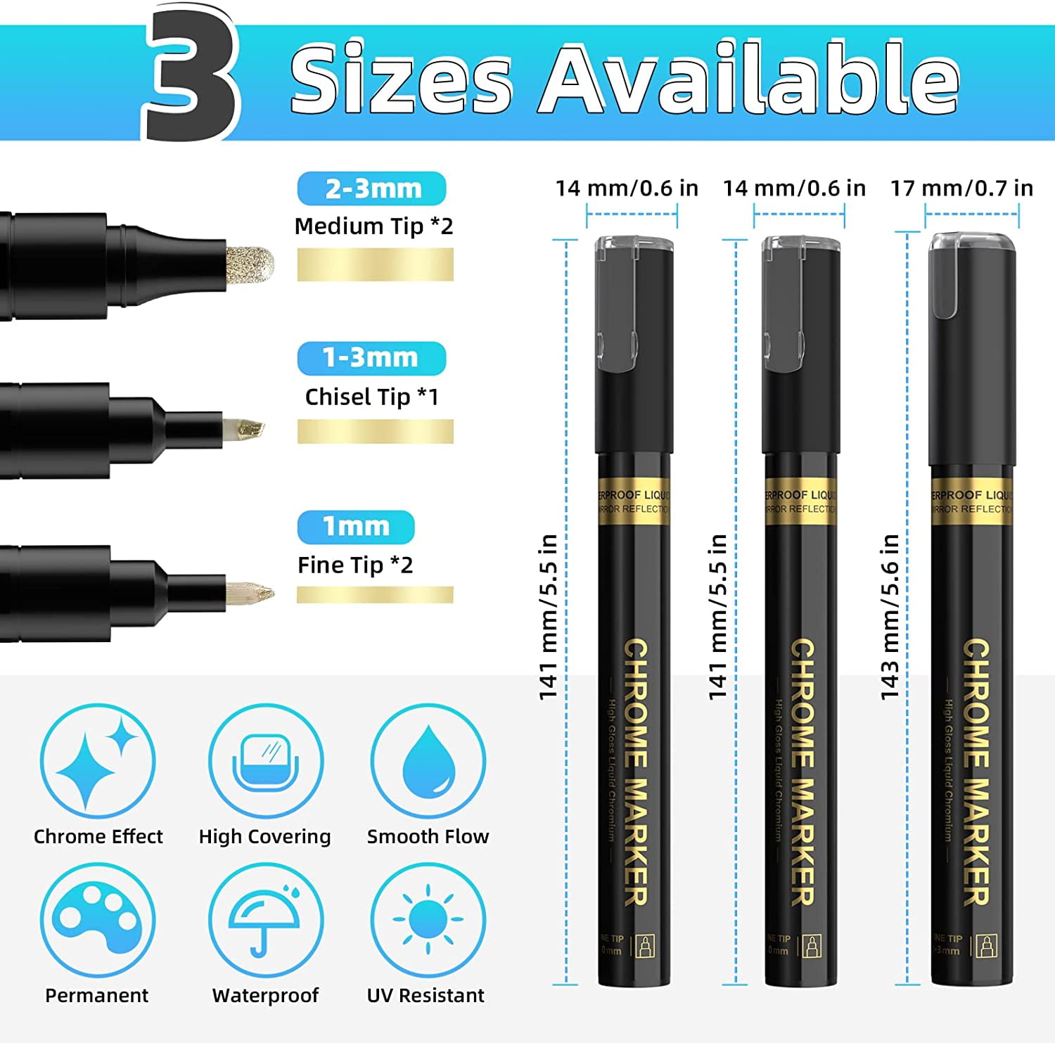 Copper Liquid Chrome Marker Set: 5pcs Oil- based Liquid Chrome Paint Pen, Permanent Reflective Chrome Touch Up Markers for Model Metal Plastic Glass Ceramic Cars Repair Tire DIY Art Craft(1-3mm)