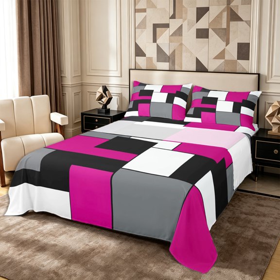 Castle Fairy Mid Century Rectangular Block Queen Sheets 4 Pieces,Minimalism Geometric Queen Sheet Sets,Fuchsia Gray Black,1 Flat Sheet, 1 Fitted Sheet and 2 Pillowcases