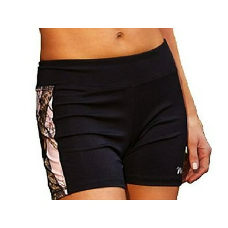 Womens Active Wear Shorts Black with Pink Mossy Oak Breakup Camo Accents – Small