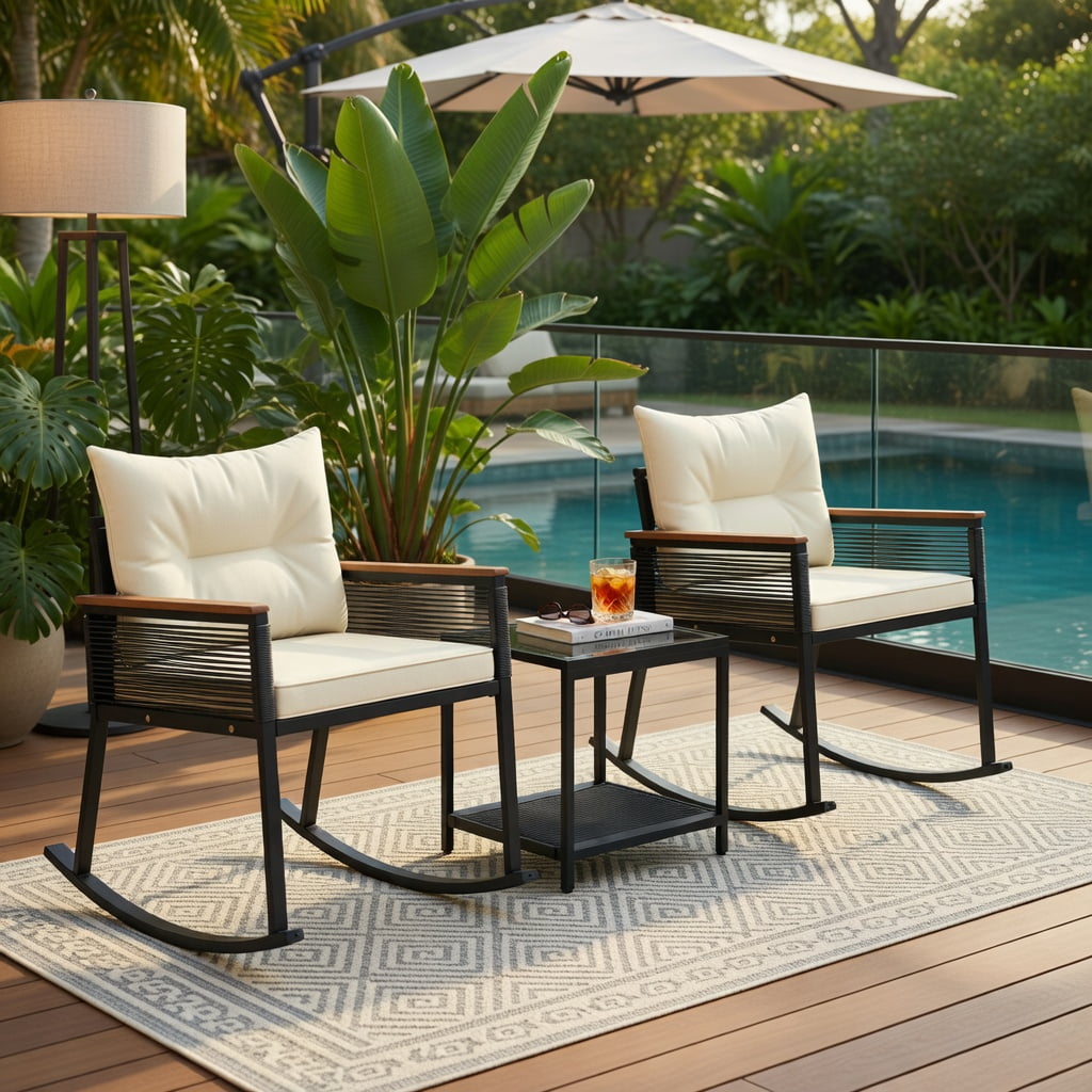 Hommoo 3-Piece PE Rattan Outdoor Rocking Bistro Set with Cushions, Tempered Glass 2-Tier Coffee Table & Acacia Wood Armrests for Patio, Porch, or Garden, Black