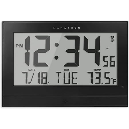

Atomic Wall Clock with Automatic Backlight Black - Large 10-Inch Display - AM/PM or 24-Hour Time 8 Time Zones Indoor Temperature Day & Date - 4 C Batteries Included