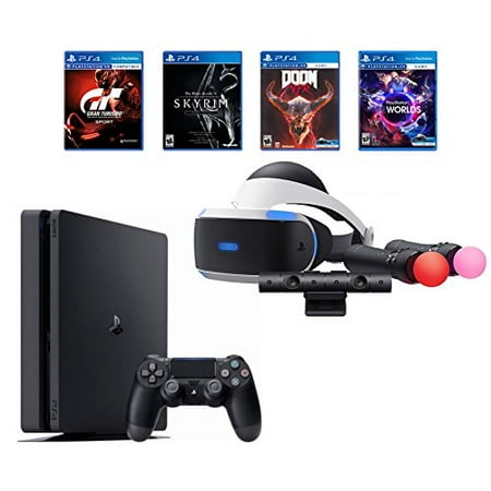PlayStation 4 Slim Bundle (6 Items): PS VR Starter Bundle, PS4 Slim 1 1TB Console - Jet Black, and 4 VR Game Discs: Doom VFR, Skyrim VR, VR Worlds, and Gran Turismo