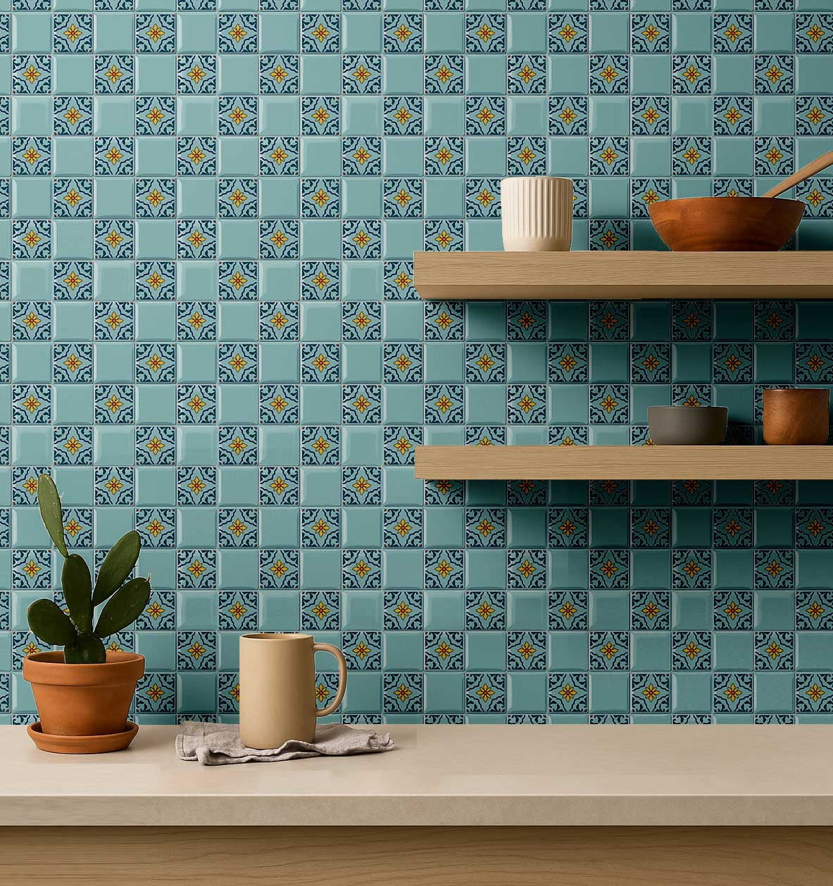 S4Sassy Mosaic Tile Wallpaper - Turquoise Wall Covering, 25" X 60" Self-Adhesive Textured Vinyl Wall Paper, Walls Wrap, Botanical Removable Wallpaper For Bedroom, Nursery, Study