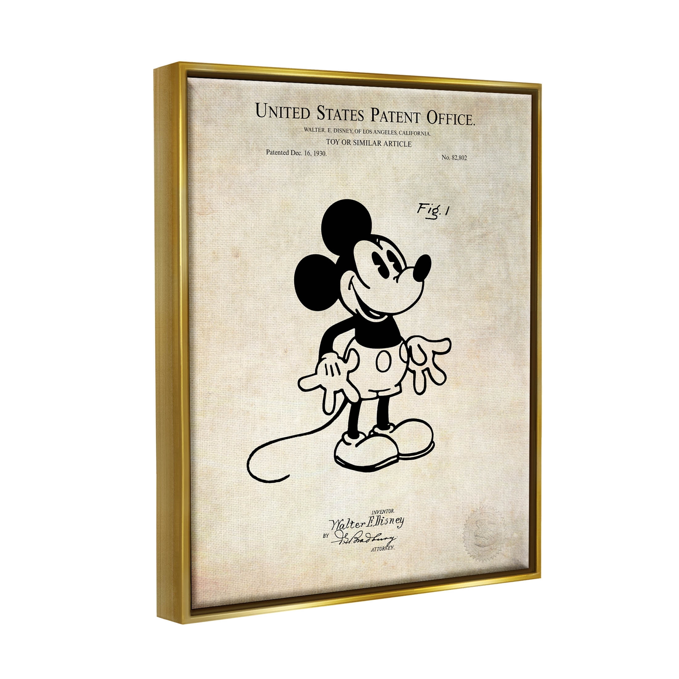 Stupell Industries Vintage Mouse Character Patent Graphic Art Metallic Gold Floating Framed Canvas Print Wall Art, Design by Karl Hronek