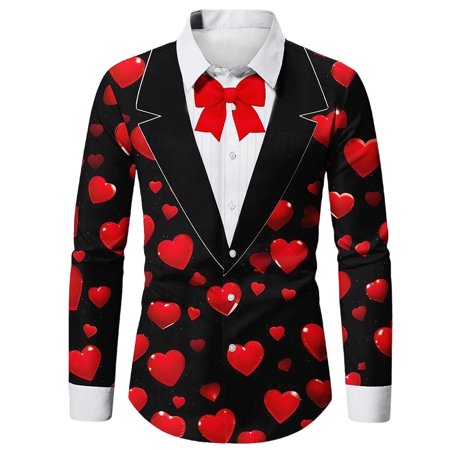 ZHOUCHANKIDS Men s Valentines Long Sleeve Button Down Shirts Stylish Printed Valentine s Night Shirt Fashionable Soft Comfortable Button Down Long Sleeve Top for Men Red XL