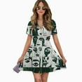 thumbnail image 2 of Sage Green Abstract Art Figure Women Dress V-Neck Short Sleeve Flowy Swing Party Midi Dress, 2 of 4