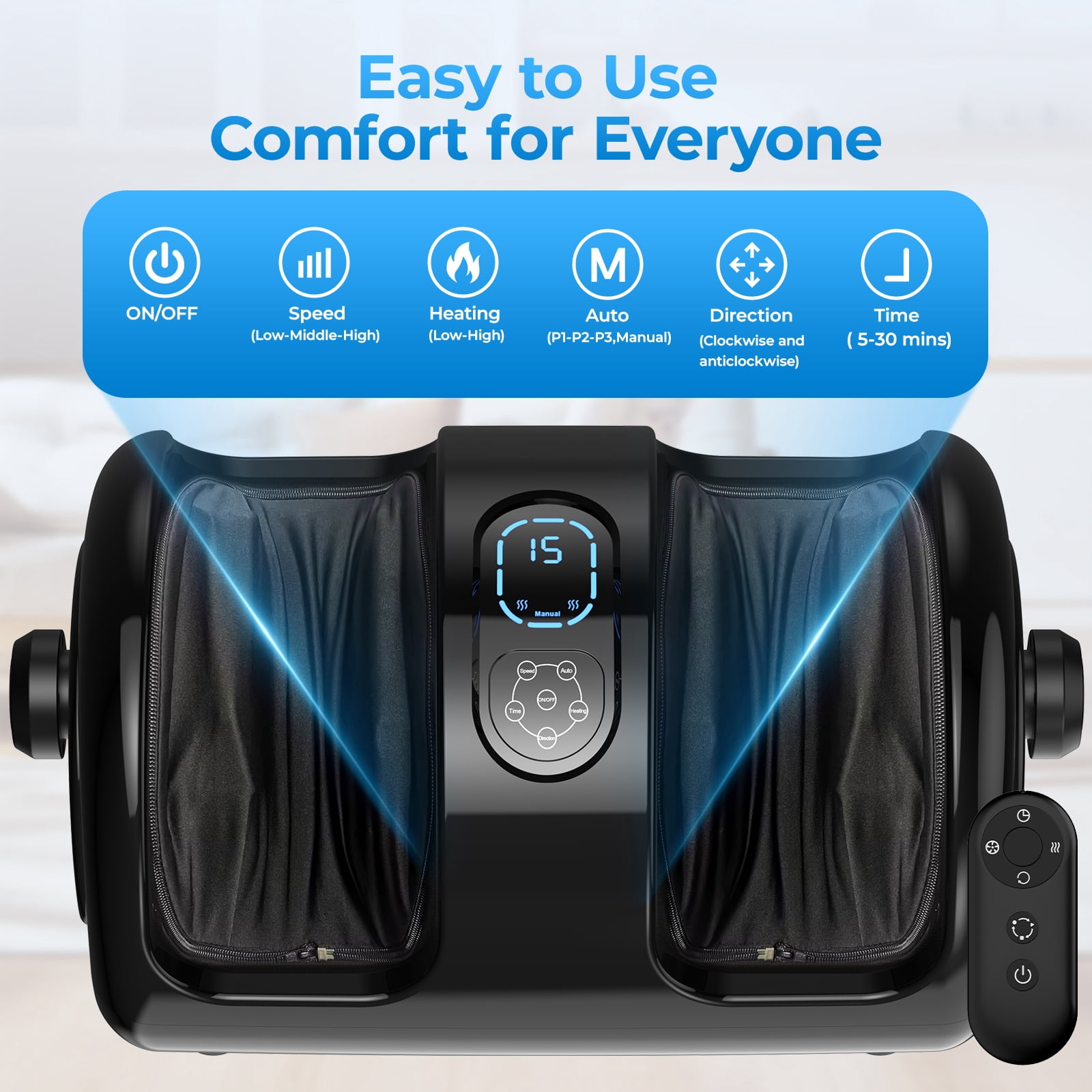 Anqdy Foot Rolling Massager Machine w/ Heated & Remote Control for Home & Office, Black