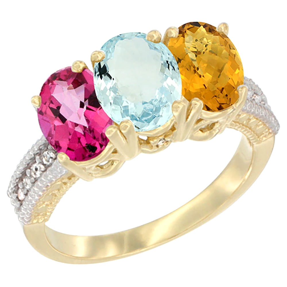 10K Yellow Gold Diamond Natural Pink Topaz, Aquamarine & Whisky Quartz Ring 3-Stone Oval 7x5 mm, sizes 5 10 by WorldJewels