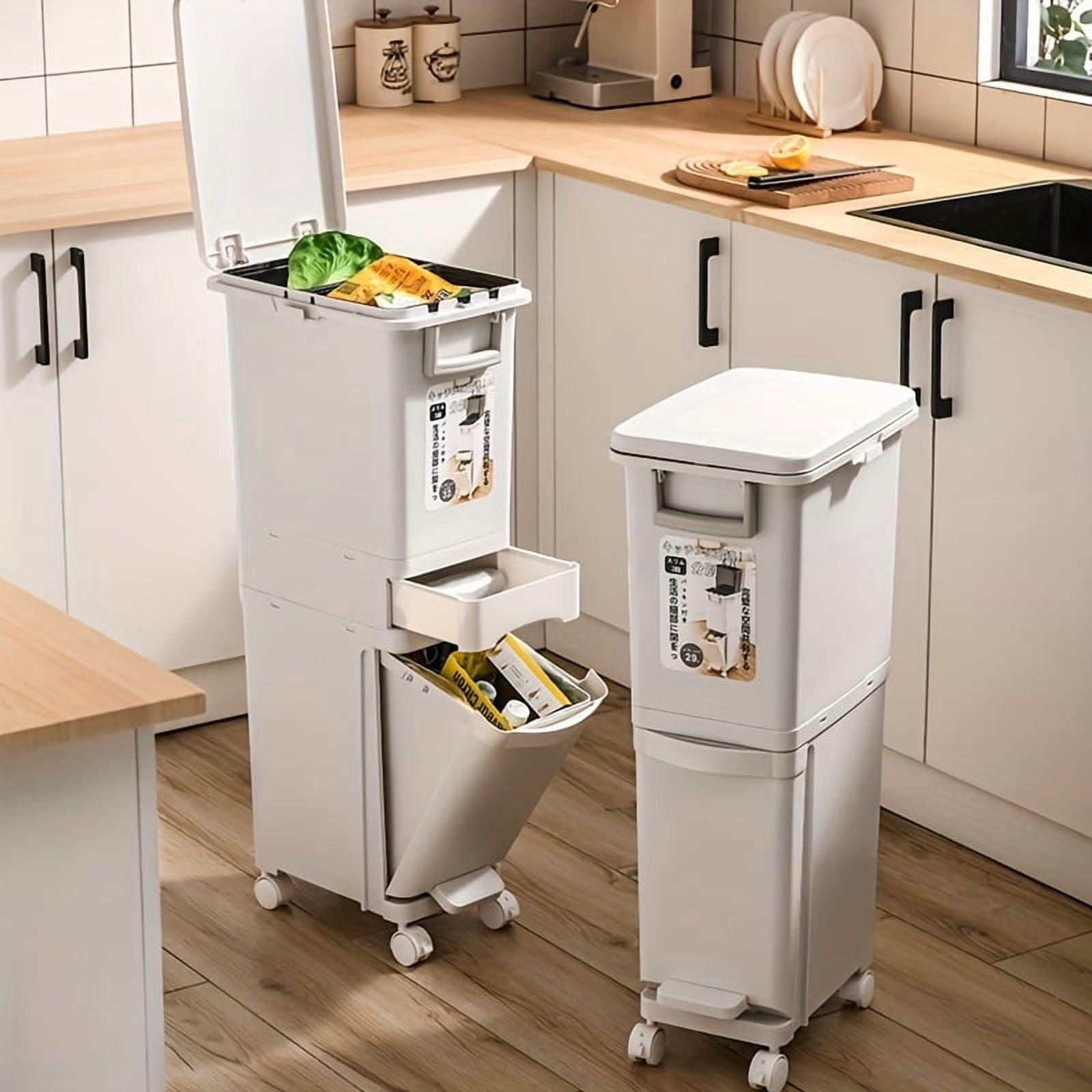 Large Double-Layer Trash Can with Lid – Foot Pedal Garbage Bin for Kitchen, Dry & Wet Waste Separation, Durable Plastic Rubbish Bin for Home, Office, and Cleaning Supplies