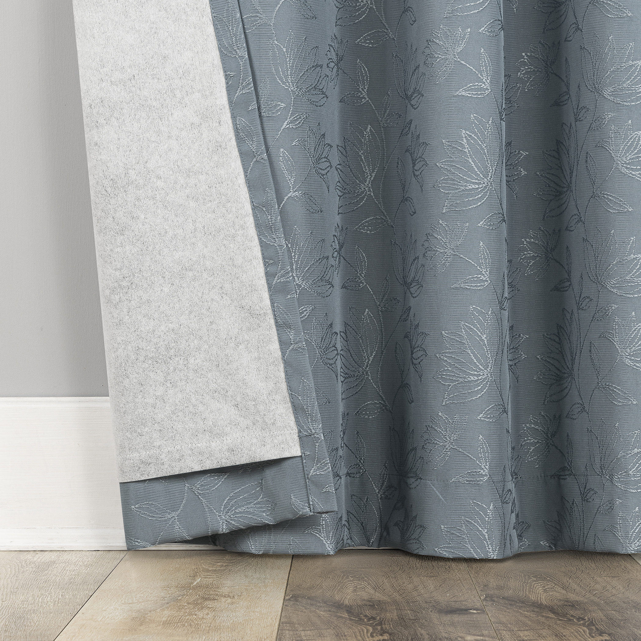 Sun Zero Bronte Floral Jacquard 100% Blackout Rod Pocket Curtain Panel, 50"W X 84"L, Denim Blue